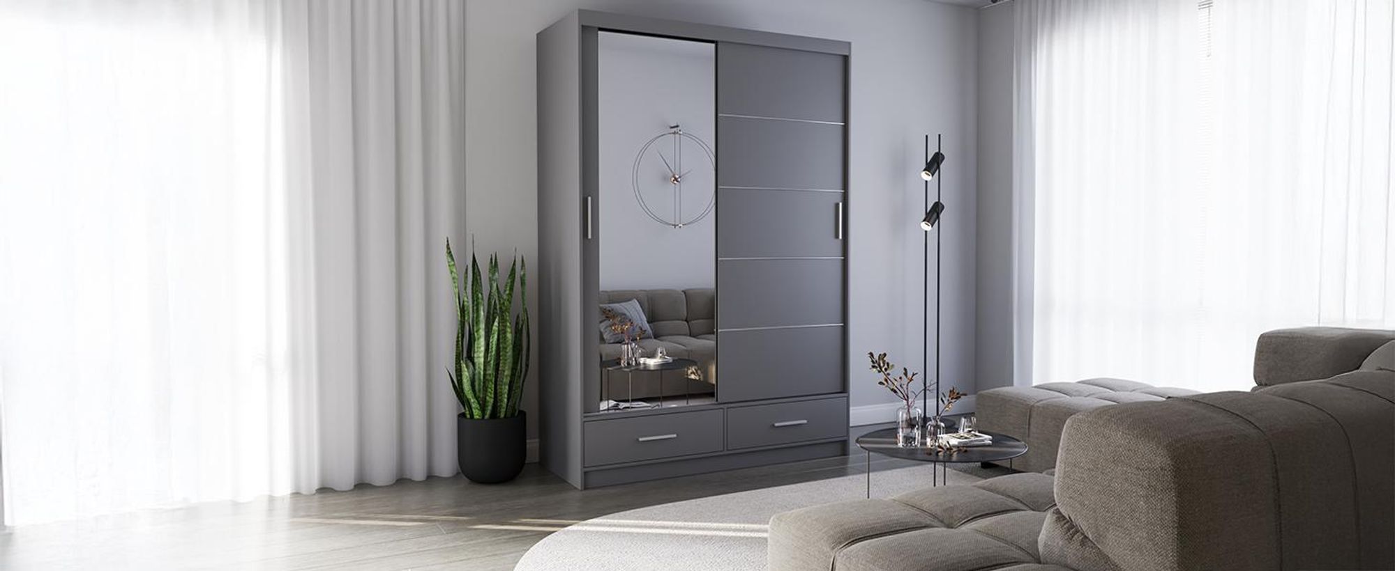 Schwebetürenschrank Kleiderschrank 150 cm Grau/Grau matt mit Spiegel Florence