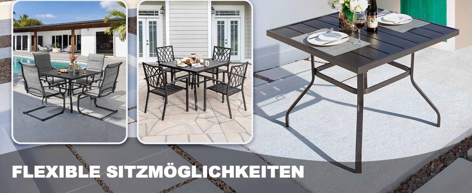 Avestar Garten-Esstisch 94x94x73 cm aus Eisen mit Schirmloch, Lamellentischplatte, Schwarz