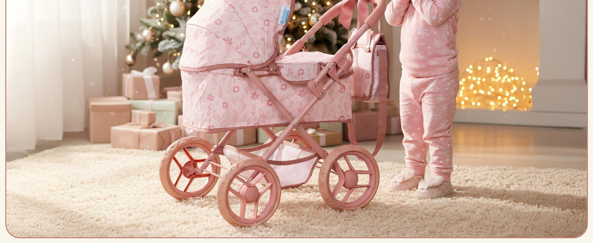 Puppenwagen mit Tasche und Klappdach – Kinderwagen für Puppen – rosa, höhenverstellbare Griffhöhe ca. 54 cm