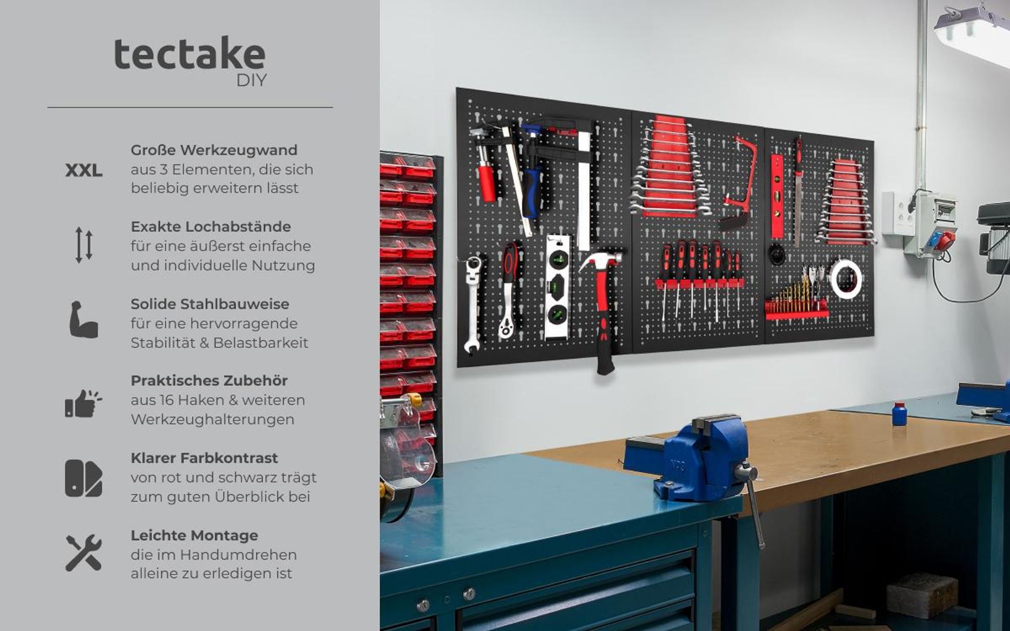tectake® Werkzeuglochwand dreiteilig, aus Stahl 120 x 3 x 60 cm
