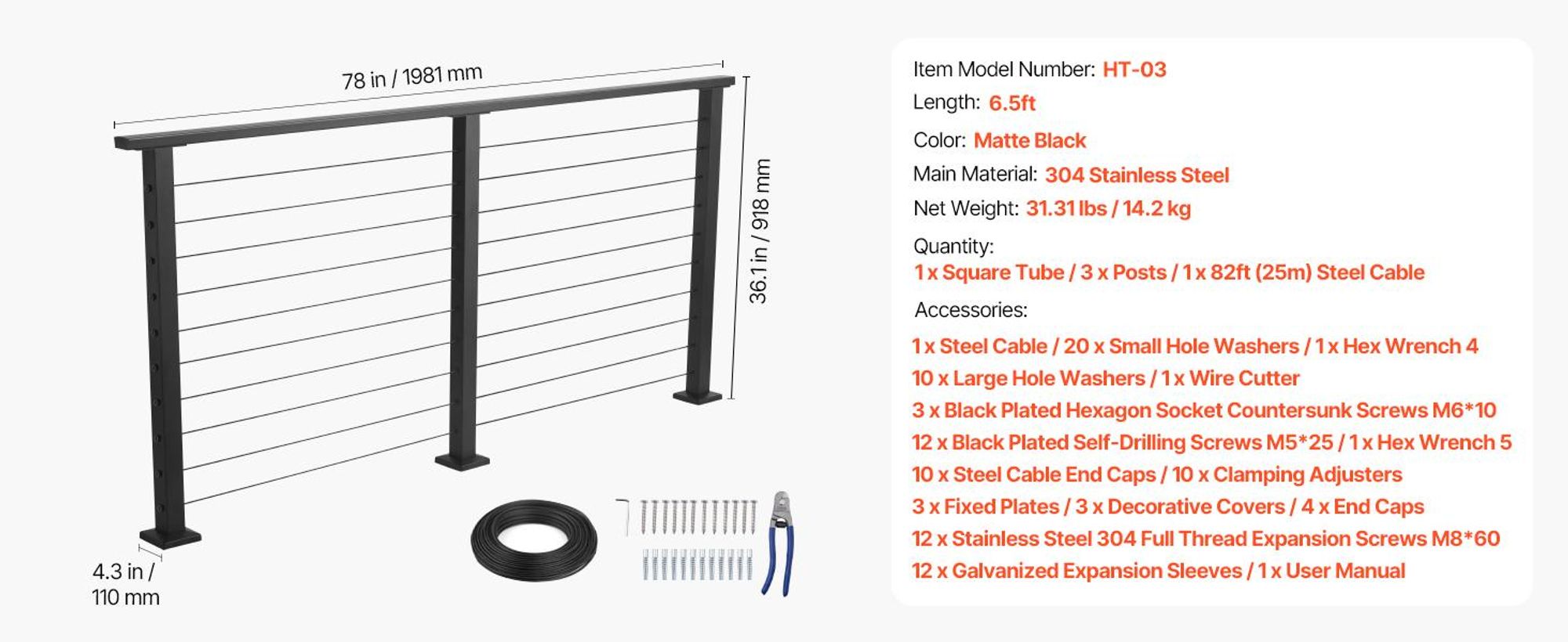 VEVOR 198 cm Komplettes Kabelgeländer-Kit mit Pfosten, 89 cm Hohe Matt Schwarz Edelstahl Handlauf Zuschneidbar für Außen-/Innentreppen, Mit Löchern gebohrte Geländerpfosten-System für Treppen, Terrasse, Balkon, Geländer Set-1 Stk