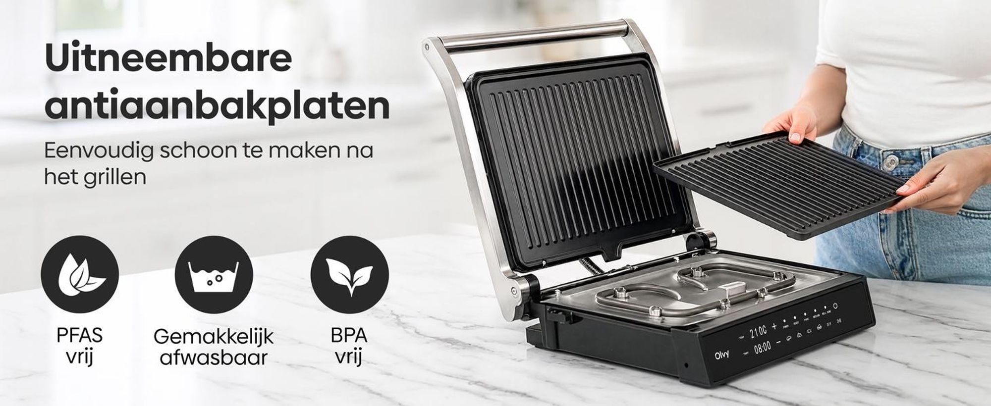 Olvy Contactgrill, 2000W, Elektrische grill, Sandwichmaker, 5 programma's, Paninigrill, Grilltoaster voor binnen, PFAS-vrije platen, Tafelgrill