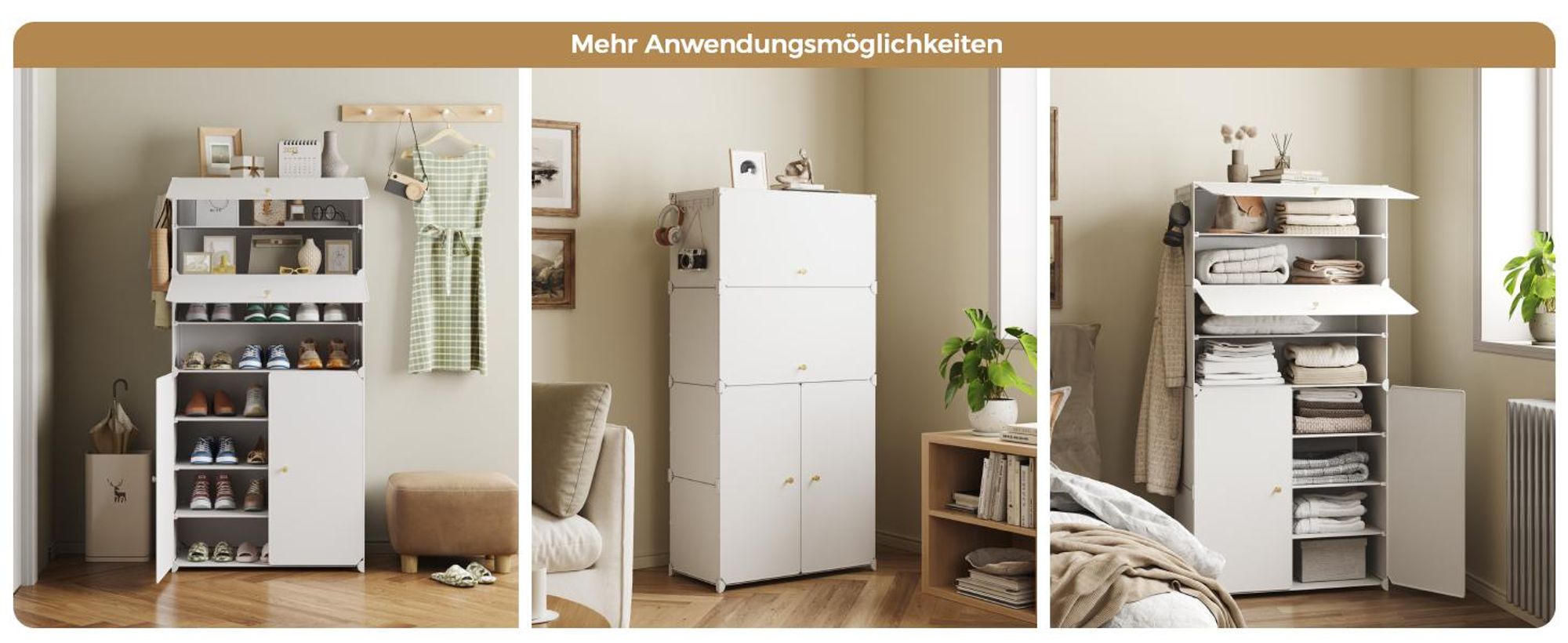 Mondeer Aufbewahrungsschrank aus PP, 8 Fächer Schuhschrank mit Haken für 24 Paar Schuhe, höhenverstellbar, für Flur & Wohnzimmer Weiß