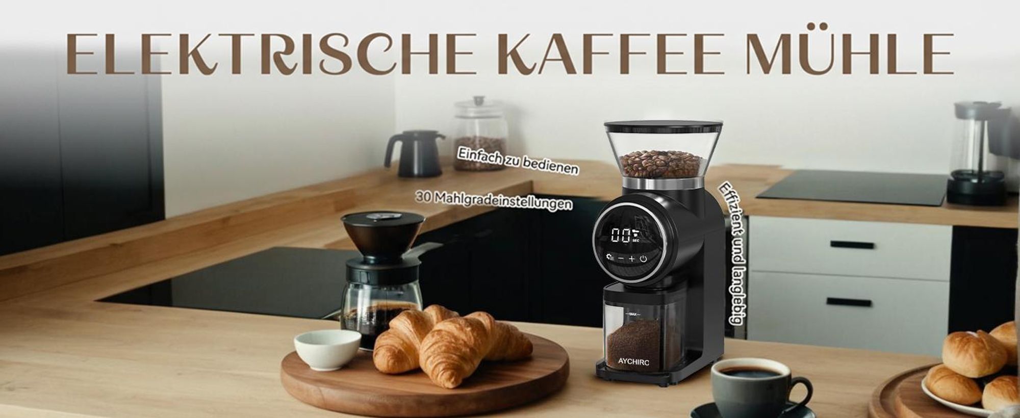CHEFFANO Elektrische Kaffeemühle mit Kegelmahlwerk & 30 Mahlstufen, Touchscreen für bis zu 12 Tassen - Für Espresso, Filterkaffee, French Press