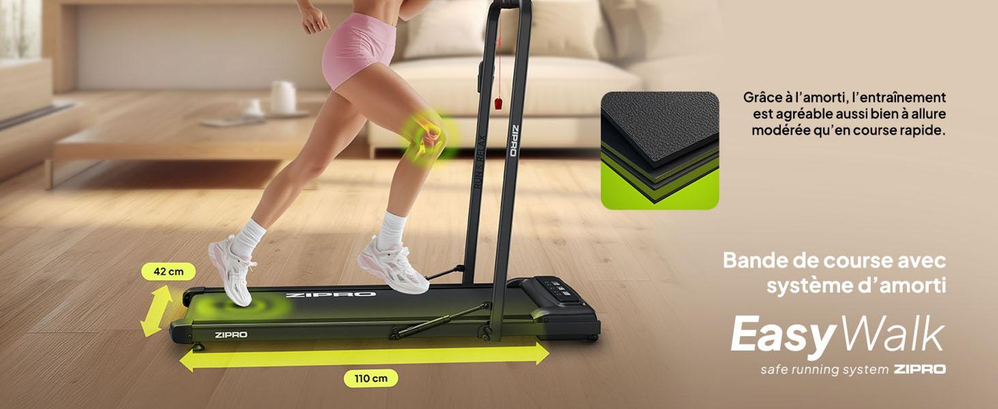 Tapis de course pliable ZIPRO Newlite - Tapis de course sous bureau Walking Pad pour la maison jusqu'à 10 km/h Appareil de fitness Télécommande Bluetooth