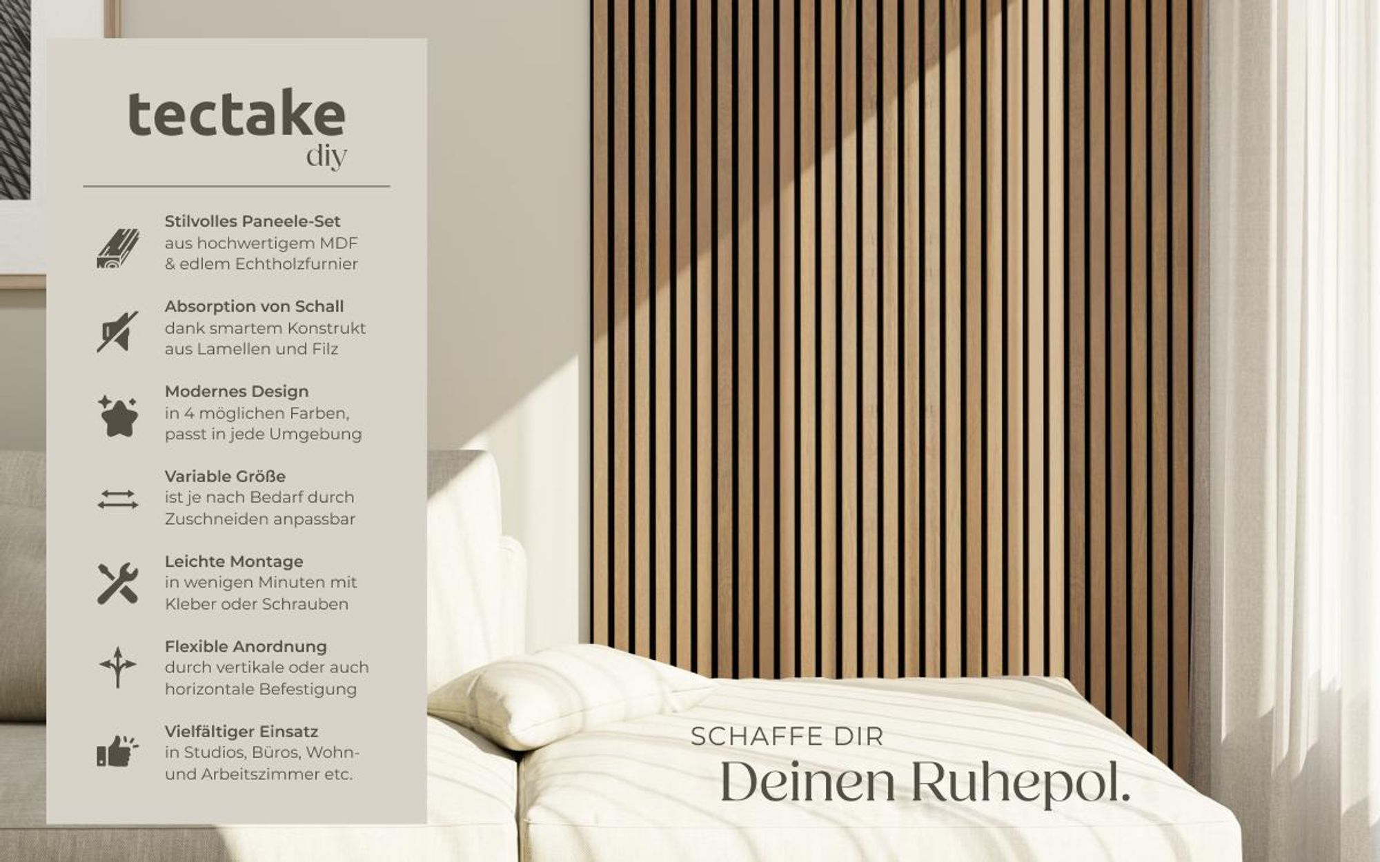 Akustikpaneele Hochwertiges MDF Echtholzfurnier Set - Schallabsorption Filzstoff Holzlamellen Scandi Stil - 120x60x2.1cm - 4 Paneele