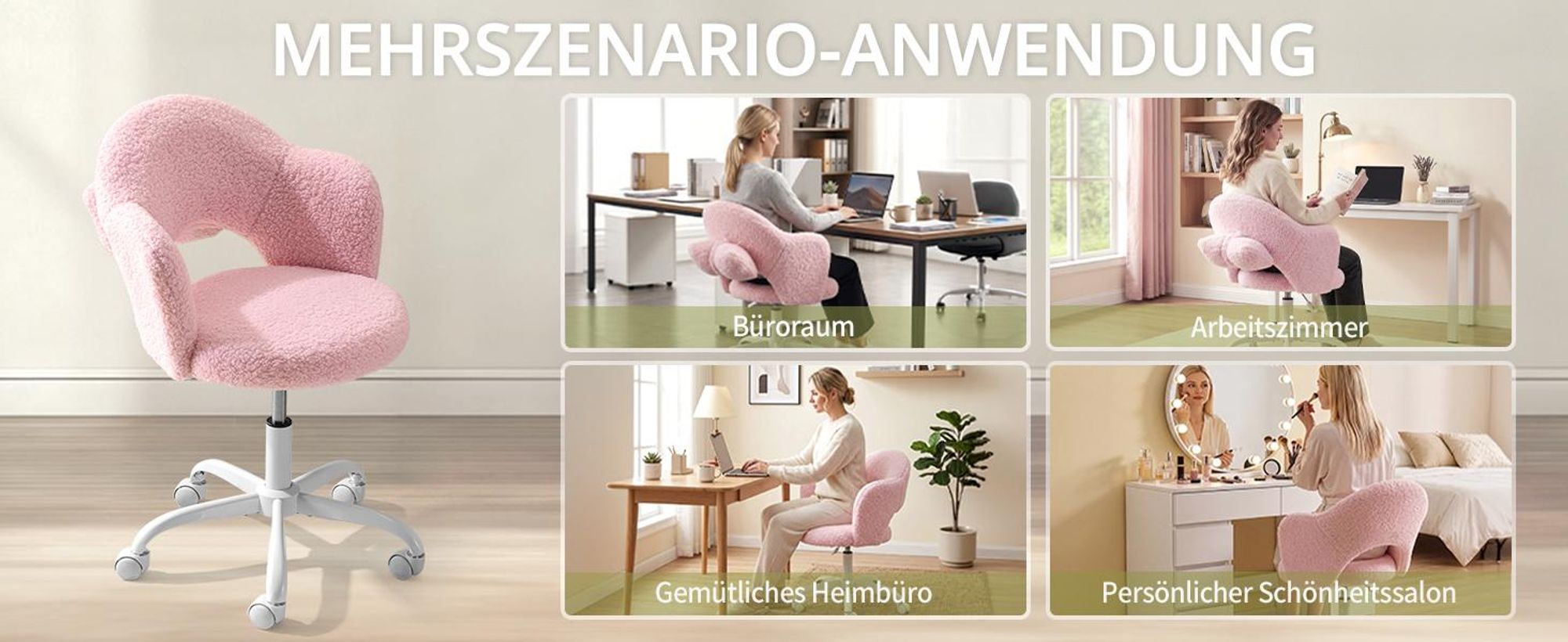 Alightup Drehstuhl in Blütenform mit Lendenkissen,Schreibtischstuhl, Gasfeder, Bezug aus Lammfellstoff, 1 Stück, 59×57×76‑85,5 cm, 360°, Rosa