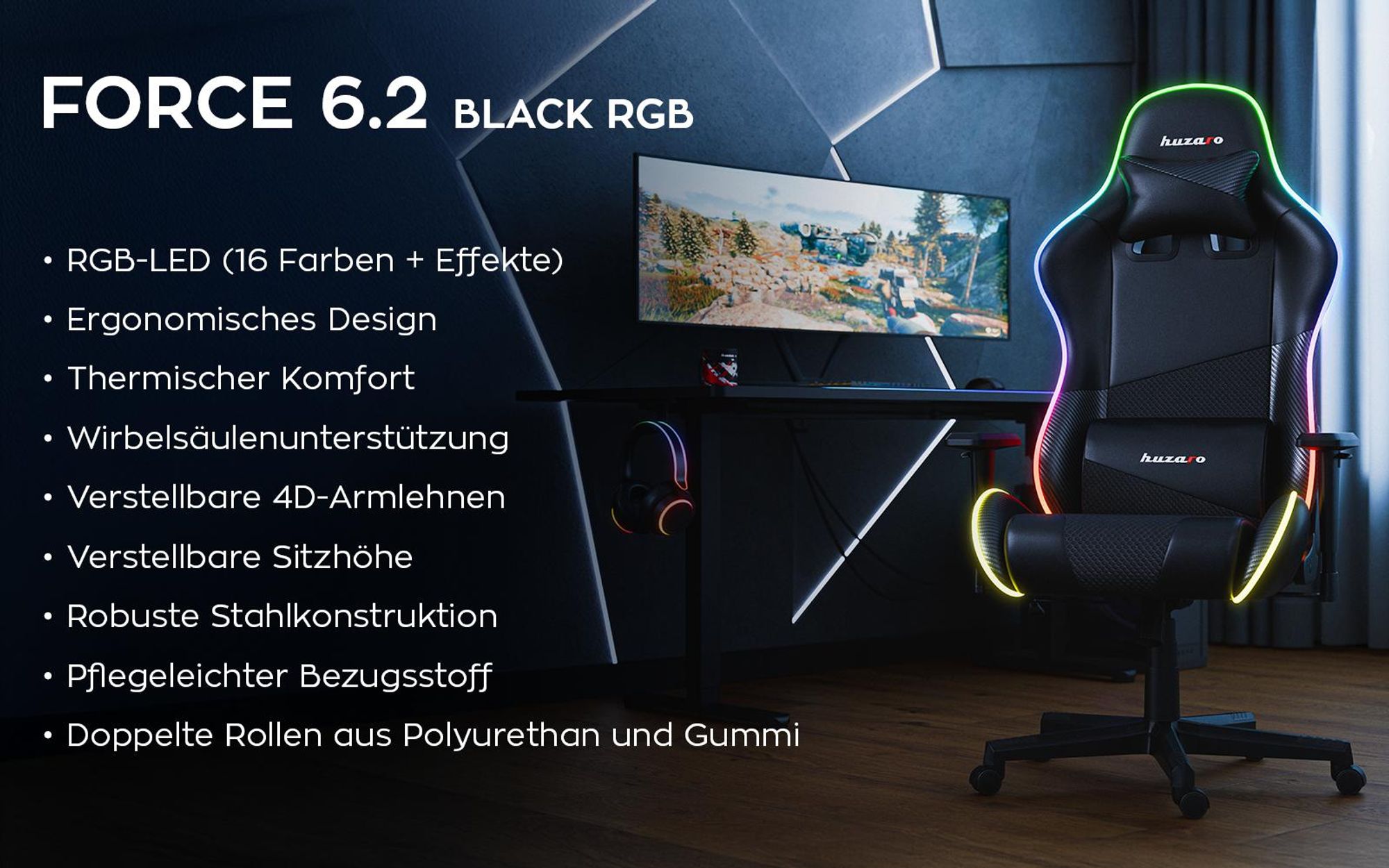 Huzaro Force 6.2 | RGB LED Beleuchtung Gaming Stuhl Gamer Bürostuhl Schreibtischstuhl Gamer Kopfstütze Lendenstütze | bis 130 kg belastbar | Schwarz