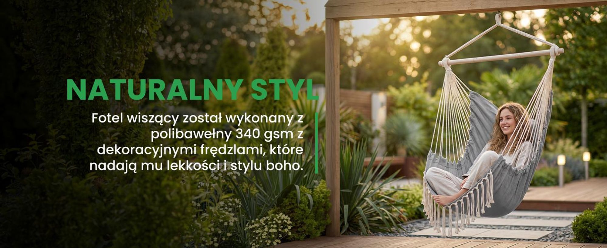 Wiszący fotel ogrodowy w stylu brazyliskim z dwiema poduszkami do wagi 150 kg