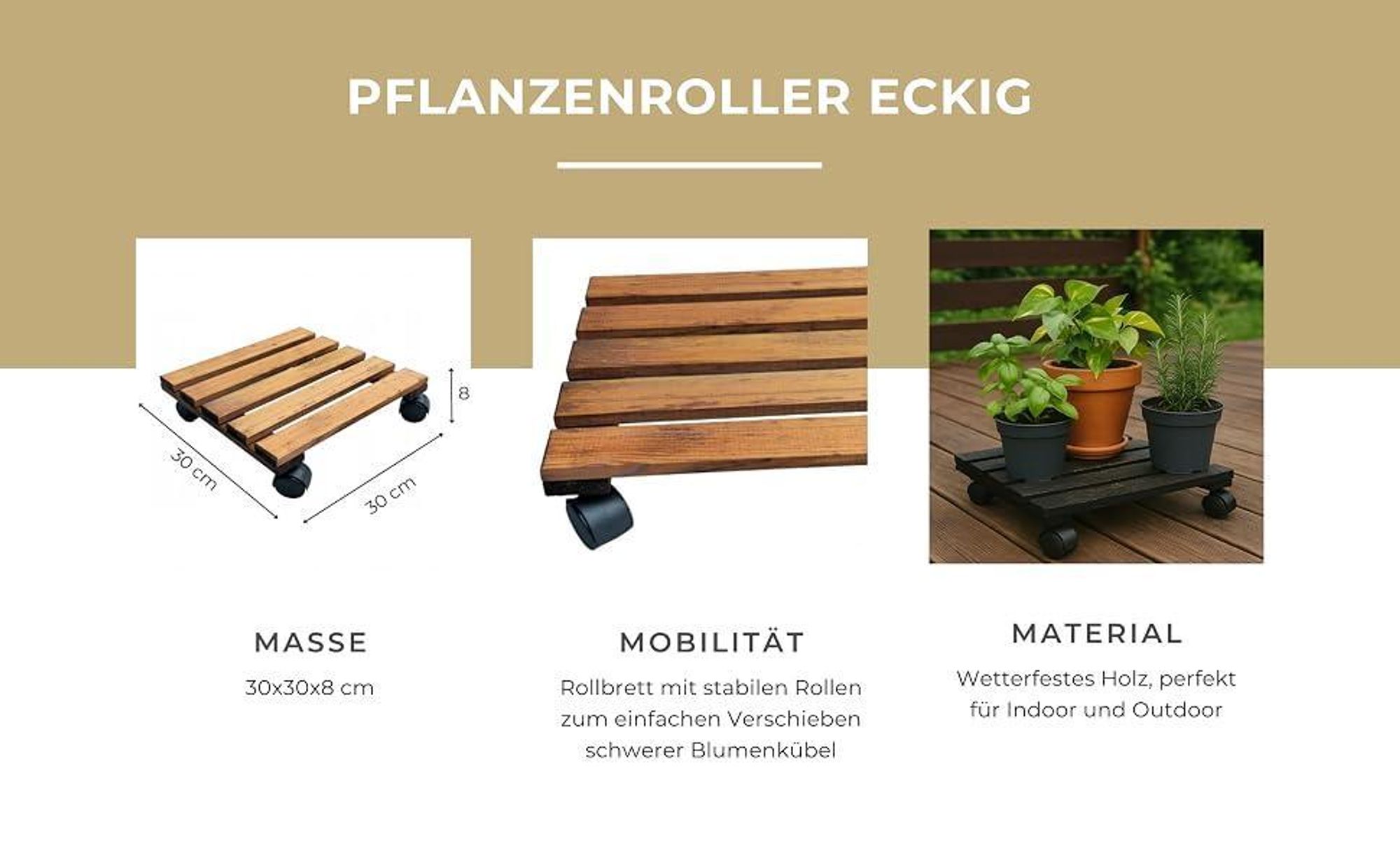 STOLMAK Pflanzenroller 30x30x8 cm Braun– Blumenuntersetzer mit Rollen aus wetterfestem Kiefernholz – Rollbrett für Pflanzen Outdoor Massivholz
