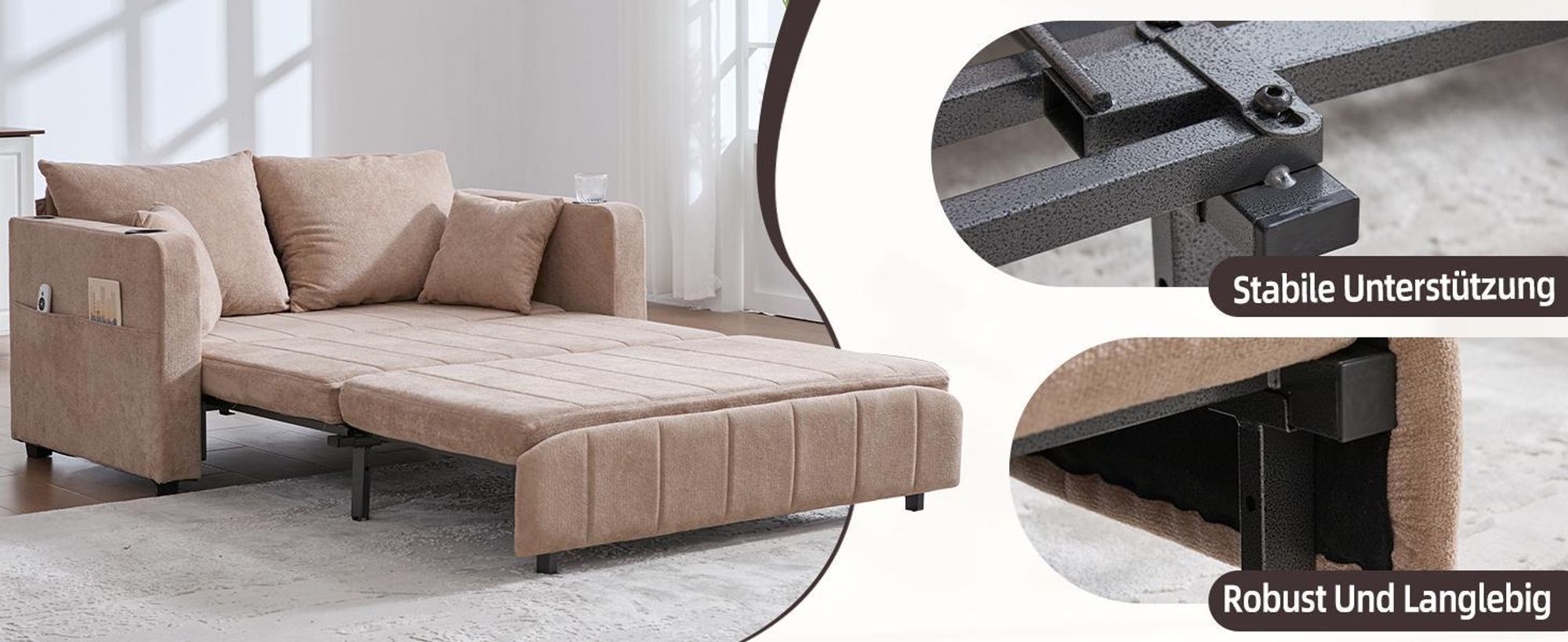 LVHOM Schlafsofa mit 3-fach verstellbarer Lehne&USB, Ausziehbares Schlafbett, 2-Sitzer mit Becherhalter Platzsparend 139x73x83cm, Grau