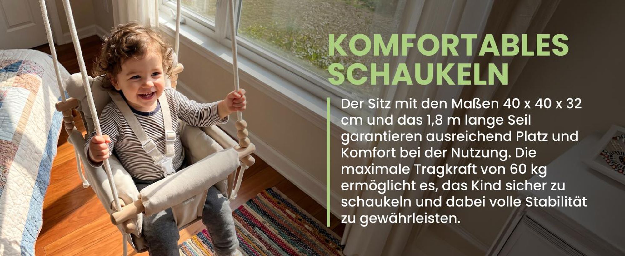 Graue Kinderschaukel Babyschaukel aus Baumwolle mit Kissen an Schnüren