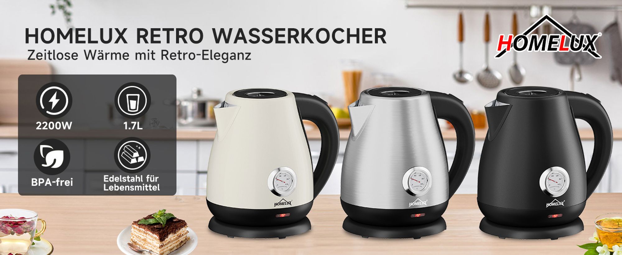 HOMELUX 1,7L Wasserkocher Edelstahl 2200W Retro Wasserkocher Elektrischer mit Analogem Thermometer & sichtbarer Wasserstand, LED-Beleuchtung, Silber