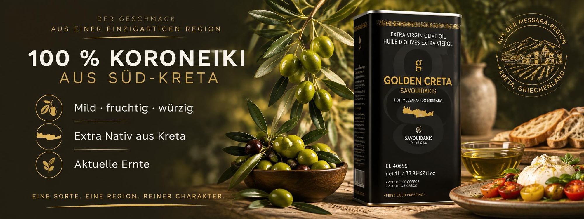 Golden Creta natives Olivenöl extra aus 100 % Koroneiki-Oliven aus Süd-Kreta, mild, fruchtig würzig