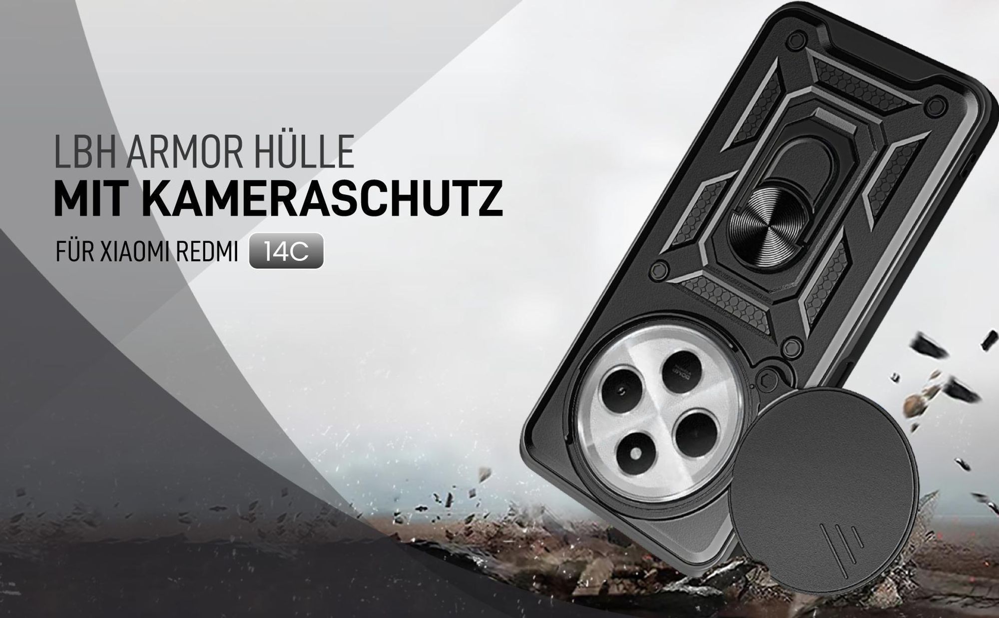 Schwarze Outdoorhülle mit Kameraschutz für Xiaomi Redmi 14C