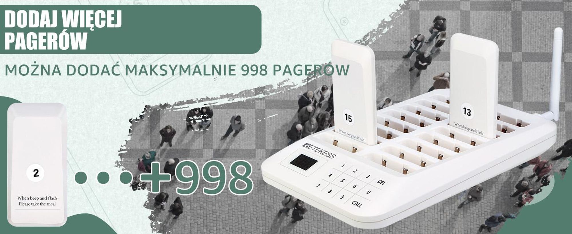Retekess TD157 Bezprzewodowy system przywoławczy, system przywoławczy klienta z 2 trybami wywoływania + zdalne wywołanie, 16 pagerów 998 kanałów dla szpitala i baru restauracyjnego (biały)