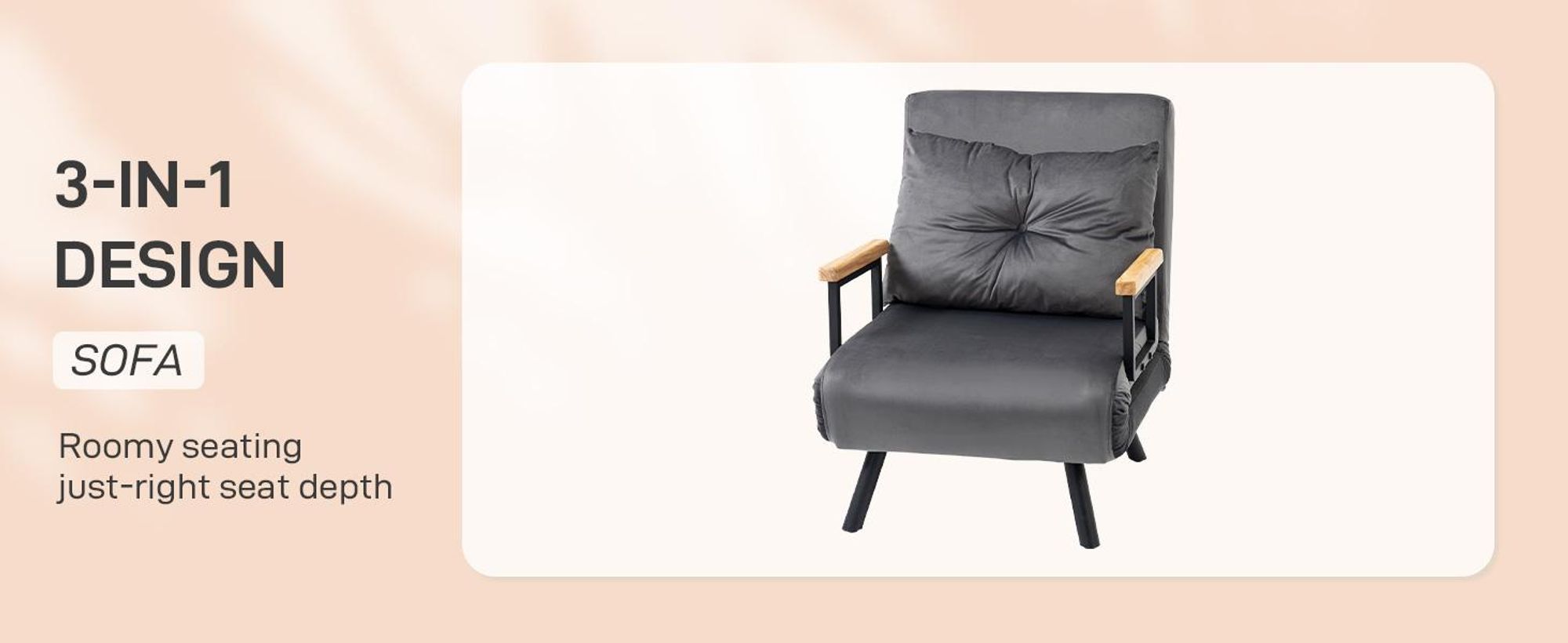 Sofa rozkładana HOMCOM 4 w 1, 2-osobowa z funkcją spania, 183 x 63 cm, rozkładana z 5-stopniową regulacją oparcia, podłokietnikiem, poduszką lędźwiową, welurowy wygląd do salonu, ciemnoszary