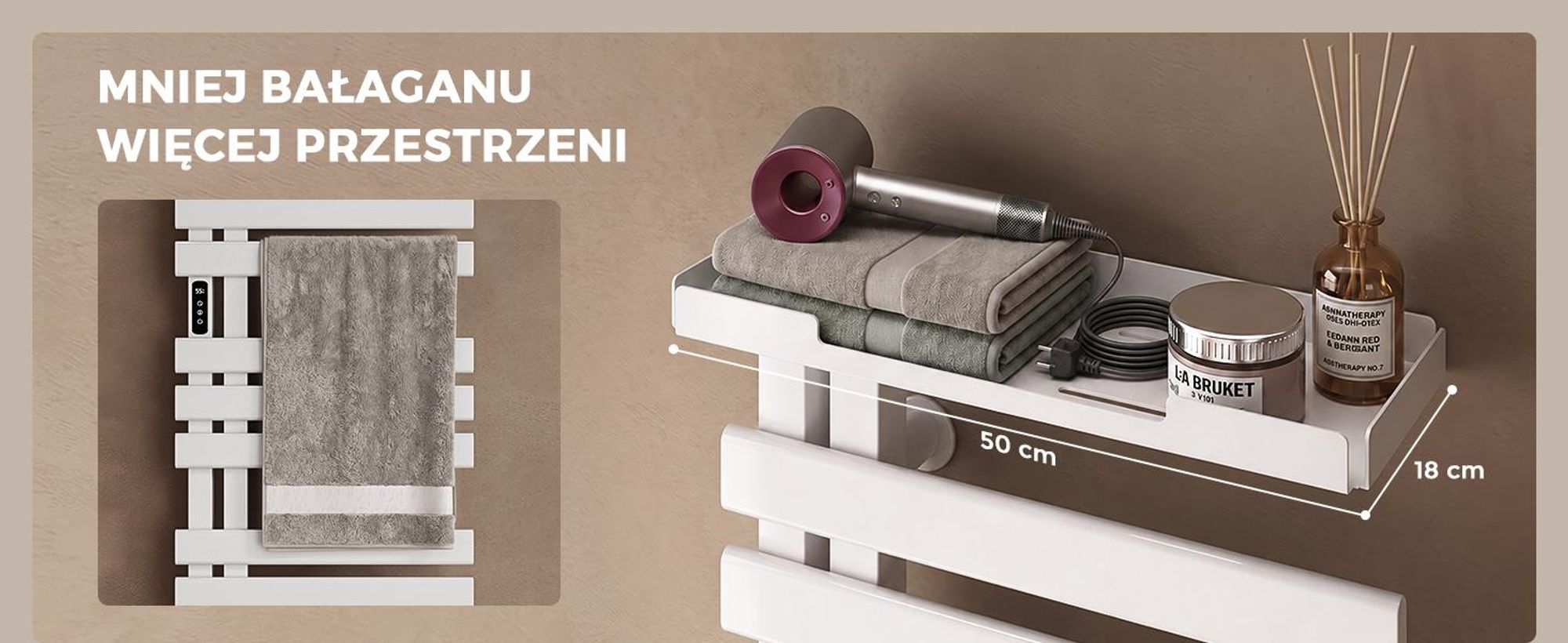 S'AFIELINA Grzejnik Łazienkowy Elektryczny 1050×500 mm 335 W Biały, Grzejnik na Ręczniki z Półką, WiFi, Ogrzewanie Włóknem Węglowym, 6 Trybów