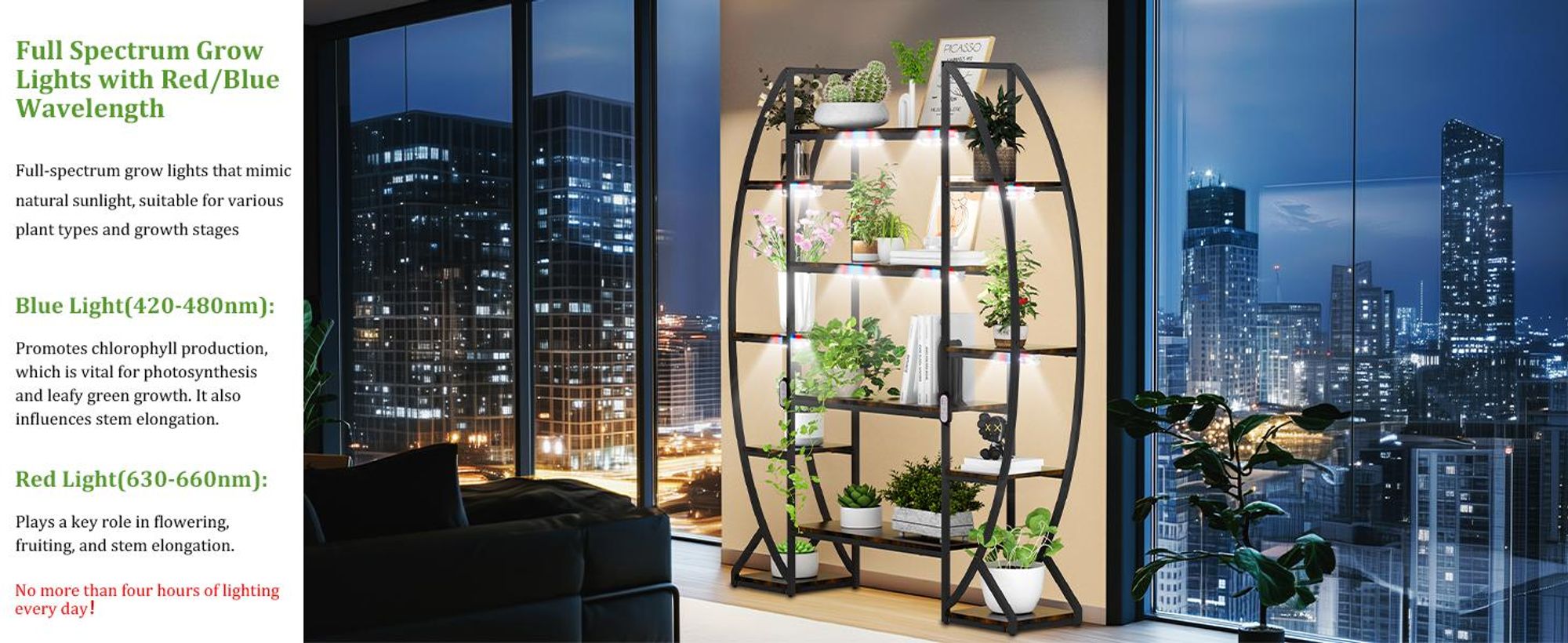 WISFOR Blumenständer mit Wachstumslicht, 8 Ebenen Blumentreppen mit 12 Ablagen, 177cm Hoch Pflanzenständer Metall Blumenregal für Indoor Balkon