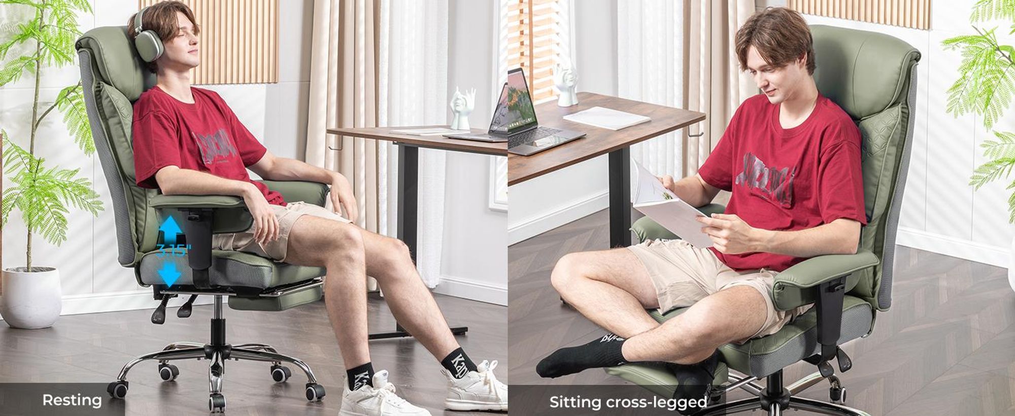 Herná stolička COMHOMA pre vysoké a ťažké osoby, ergonomická kancelárska stolička do 180 kg, 3D sedák, nastaviteľná s opierkou na nohy, Imitácia kože, zelená