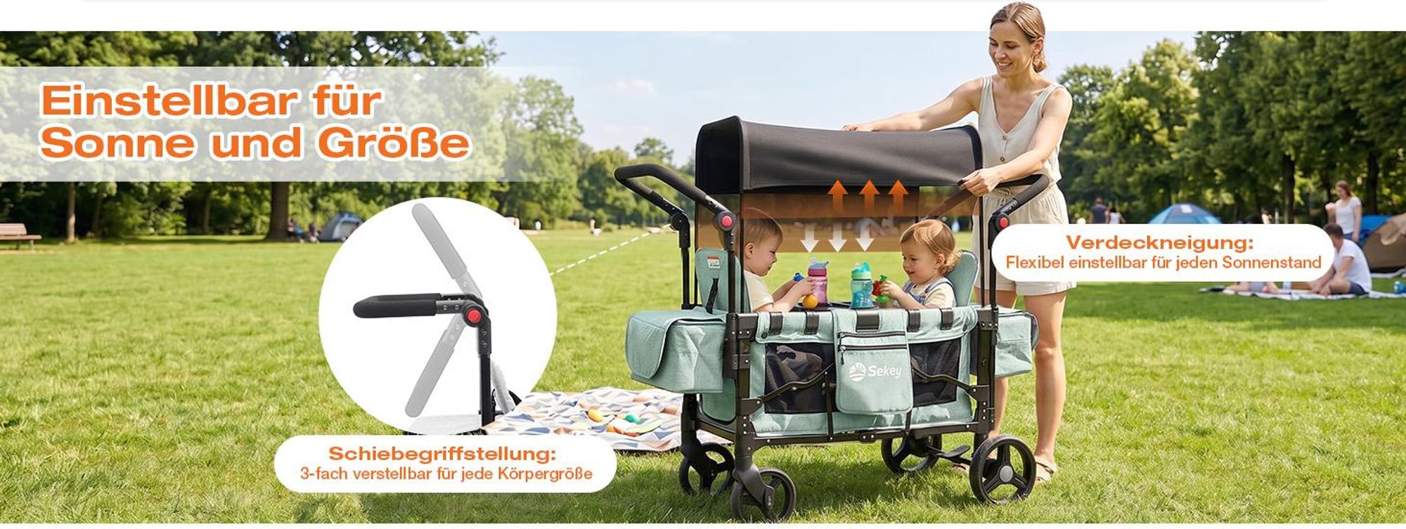 Sekey Bollerwagen Faltbar mit Dach Zwillingsmodus Kinderwagen Doppelsitz mit 2x 5-Punkt-Gurtsystem, Blau