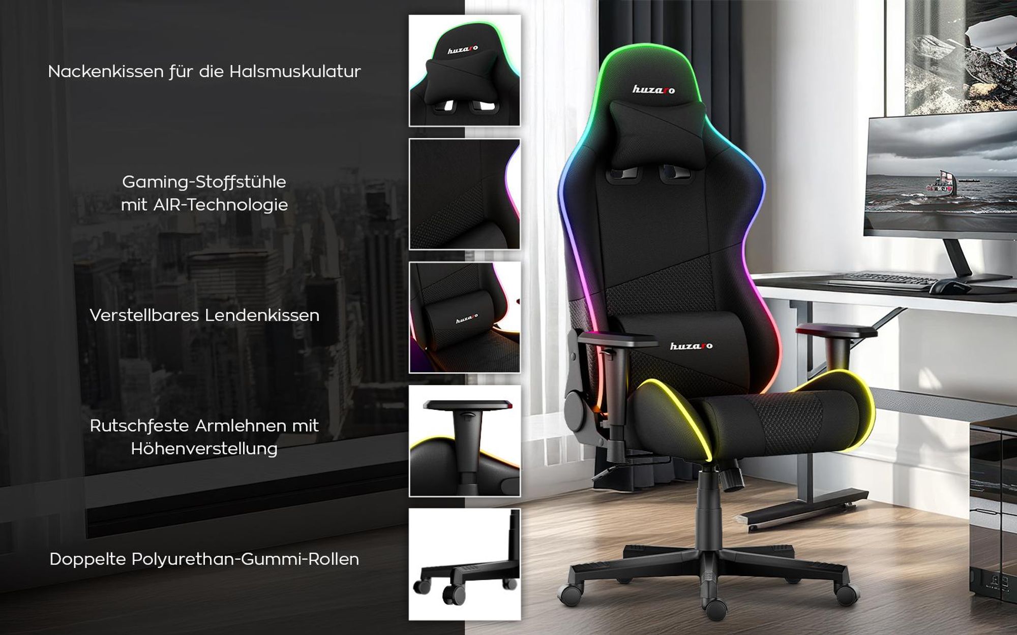 Huzaro Force 6.2 | RGB LED Beleuchtung Gaming Stuhl Gamer Bürostuhl Schreibtischstuhl Gamer Kopfstütze Lendenstütze | bis 130 kg belastbar | Schwarz