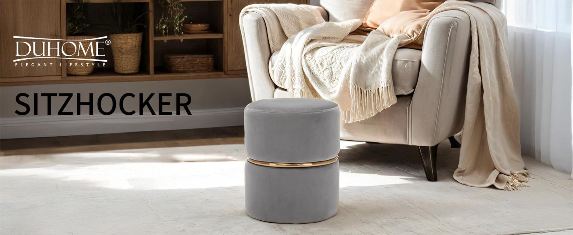 Duhome Samt Sitzhocker Gepolsterter Ottoman Rund Polsterhocker für Schlafzimmer Wohnzimmer Hauseingang Flur, Grau