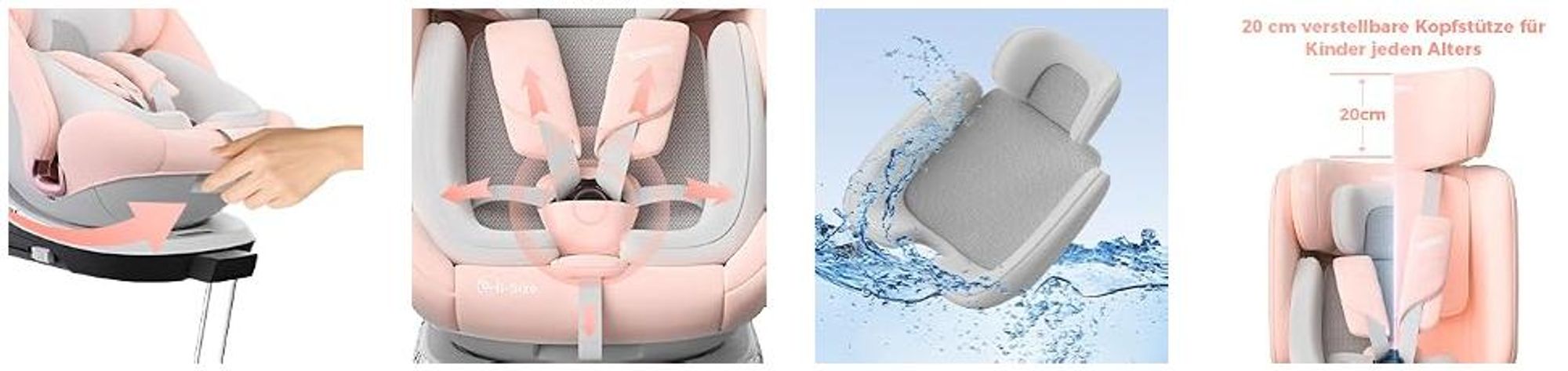 DEWINNER Kindersitz 360°Drehbar, Kinderautositz I-Size, Gruppe 0+/1/2/3 für Autos mit ISOFIX, Reboarder ab Geburt -12 Jahre (40-150 cm), 0-36 kg, PINK