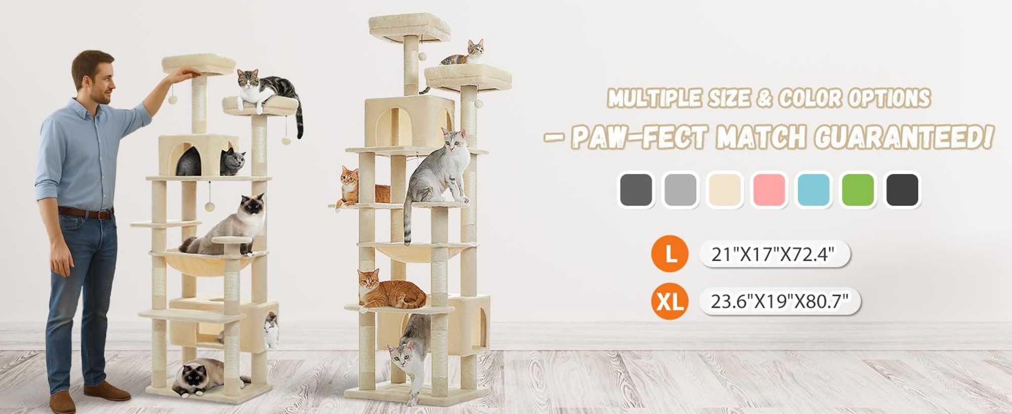 PURPURRA Robuster Kratzbaum für große Katzen, 200 cm hoher Katzenturm mit 2 Sitzstangen, 2 Höhlen und geräumiger Hängematte, XL extra große Höhle