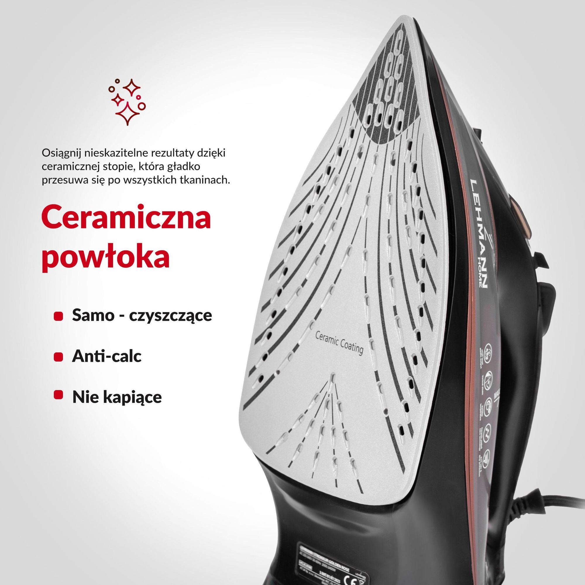 Żelazko parowe LEHMANN STROKKUR z ceramiczną stopą, 3000 W, wyrzut pary do 140 g, pionowy wyrzut pary, automatyczne wyłączanie w okresie bezruchu,