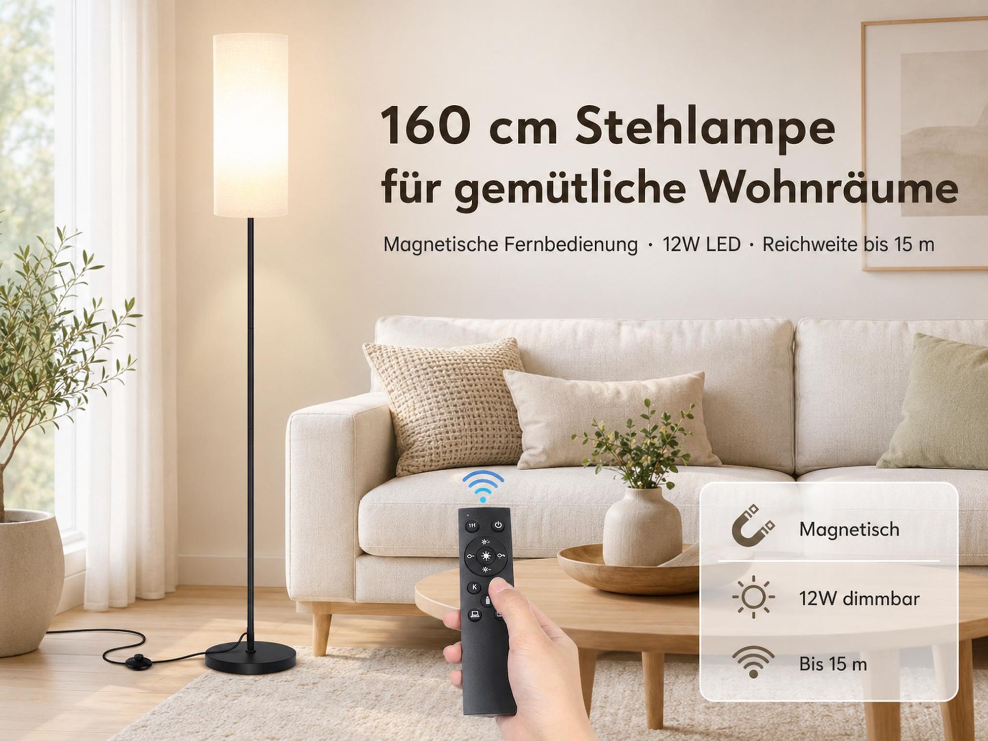 160cm LED Stehleuchte mit Leinenschirm Dimmbar Stehlampe mit Fernbedienung & Fußschalter Timer Nachtlicht Modus LED Lampe Warmweiß Retro Wohnzimmer