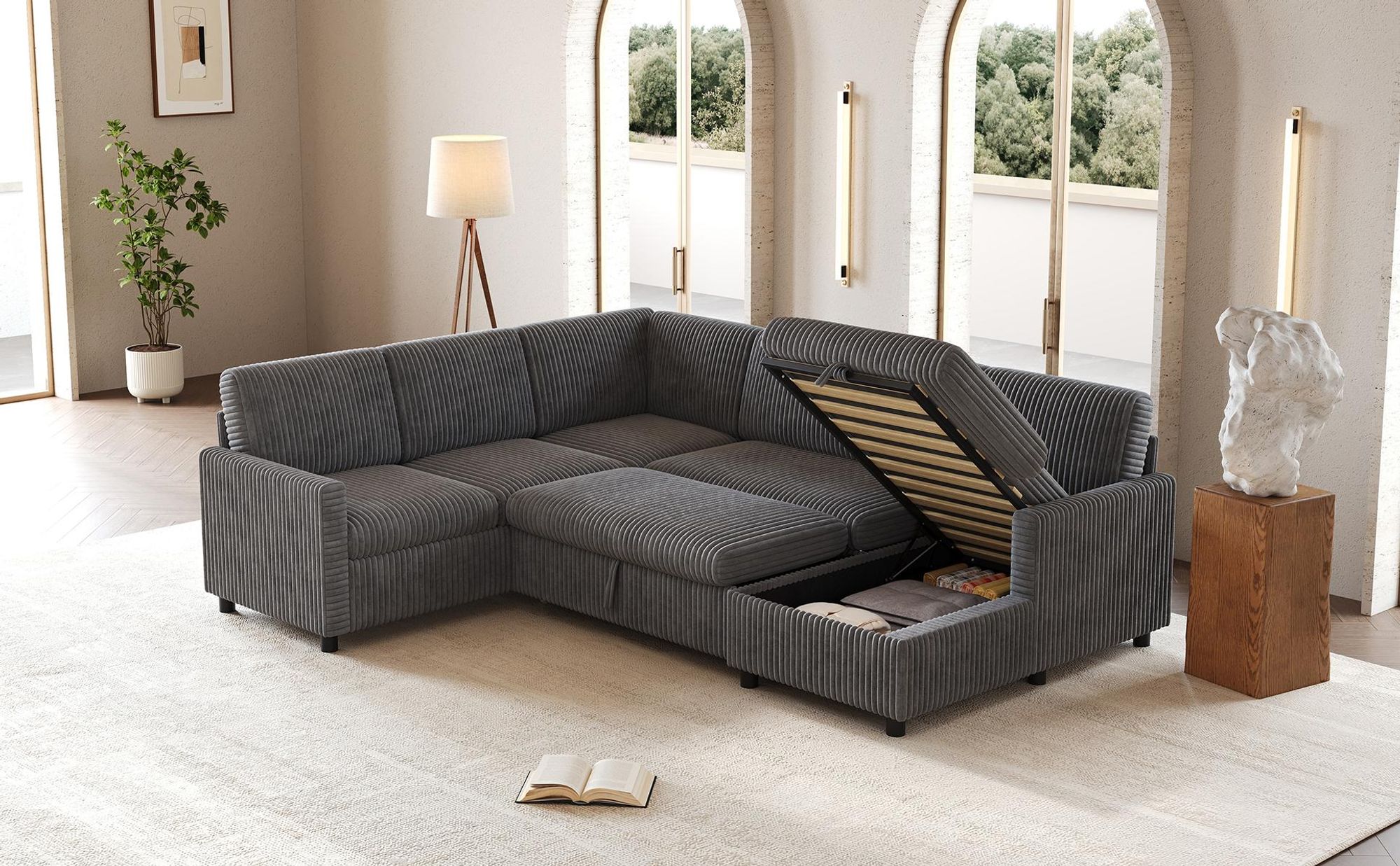 Merax 5 Sitzer U Form Schlafsofa Mit Schlaffunktion, Ausziehbares Ecksofa Mit Stauraum, Wohnlandschaft Mit Chaiselongue, Cord Soffa, Couch, Grau