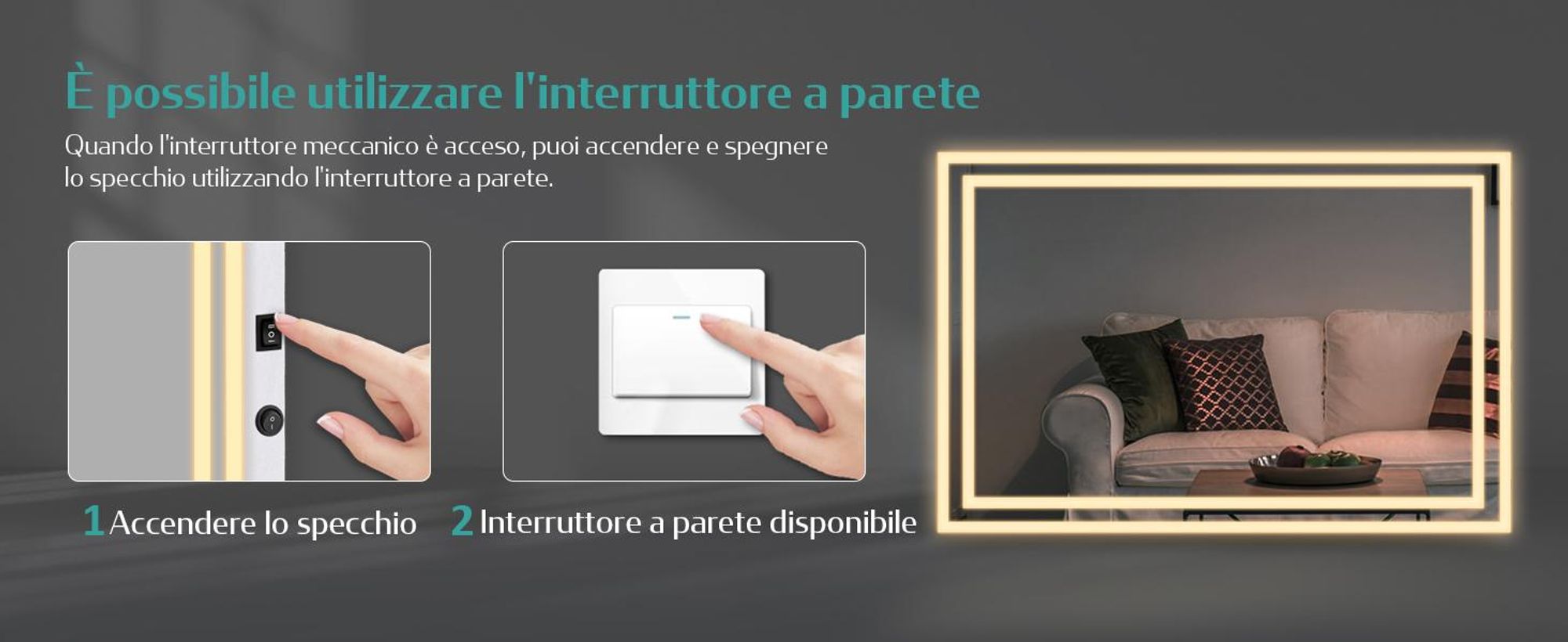 Specchio da bagno EMKE LED con illuminazione 40X60 cm antiappannamento, specchio da parete Specchio da bagno con interruttore meccanico, colori della luce 3000K/6500K, IP44