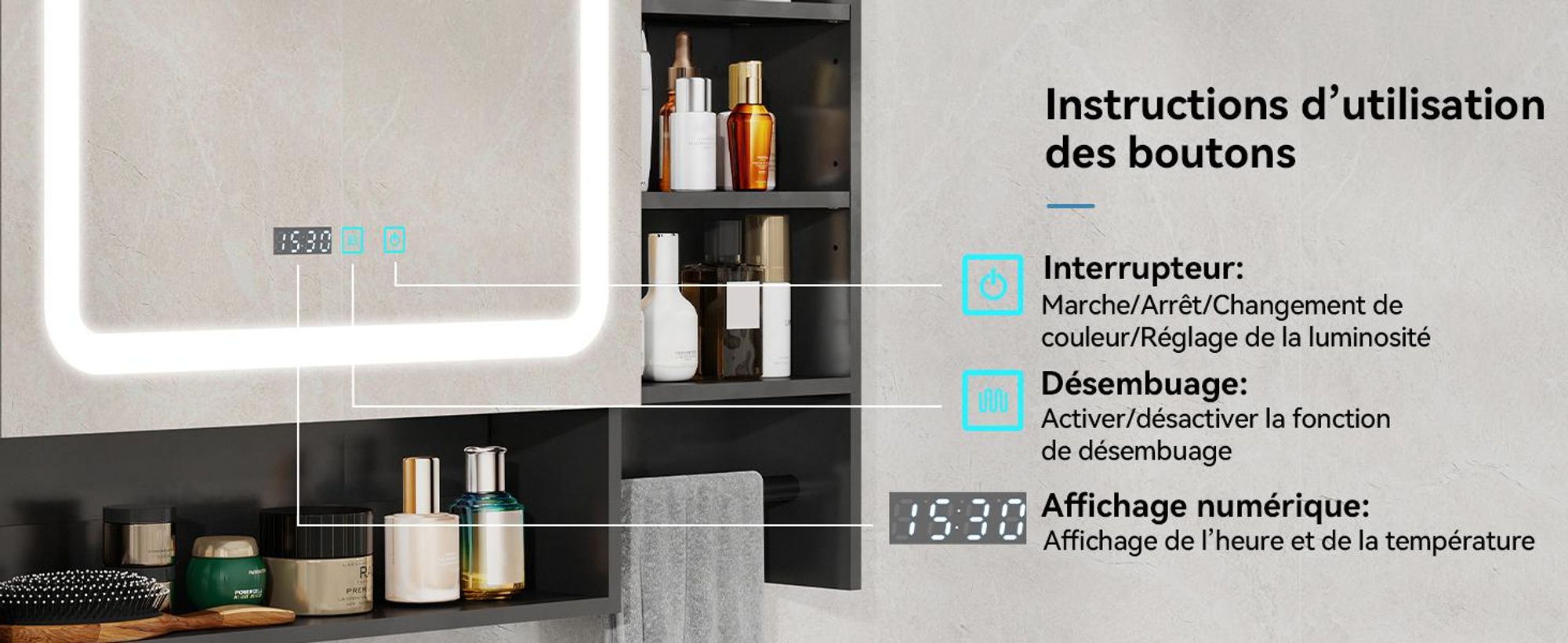 Puluomis armoire de toilette salle de bain 80cm avec 3 couleurs d'éclairage variable, horloge digitale porte-serviettes anti-buée armoire de salle de bain murale noire
