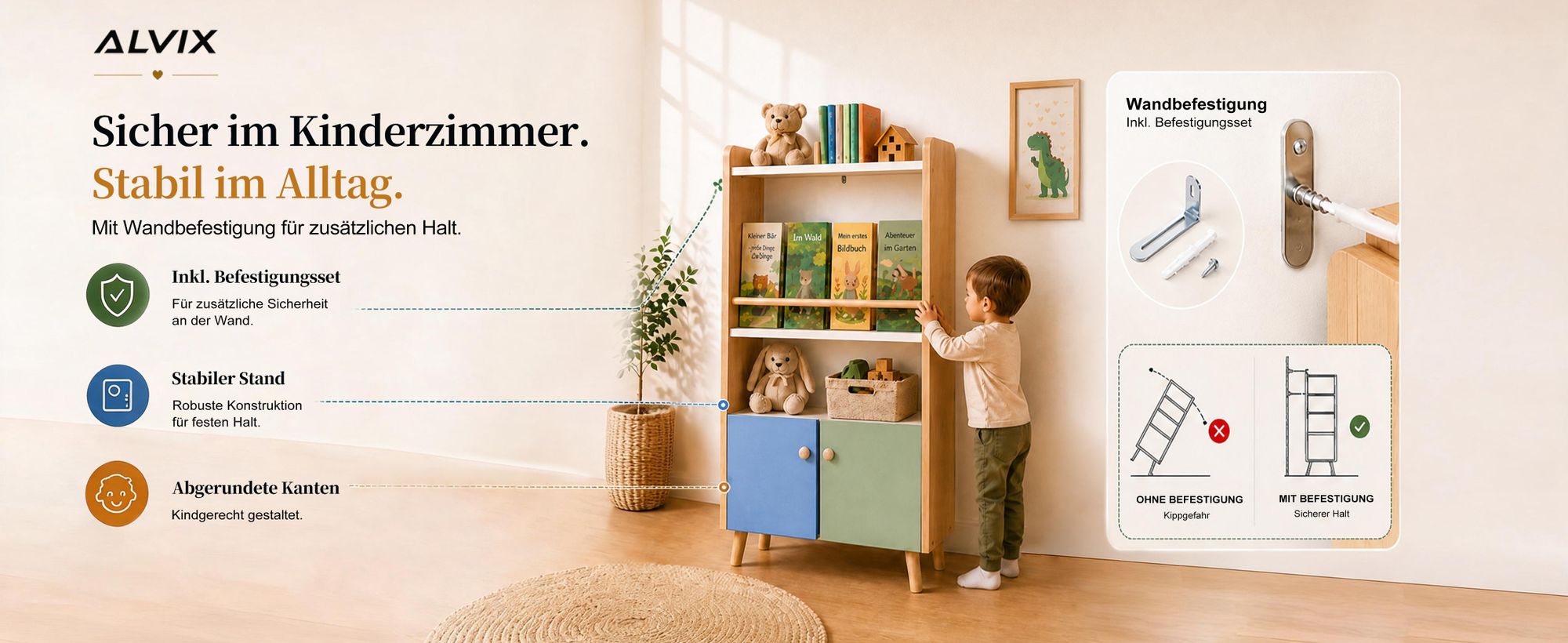 ALVIX Kinderregal NESTA 4 mit 2 Türen, Montessori Bücherregal für Kinder mit Buchablage, Spielzeugregal und Aufbewahrungsschrank mit Kippschutz