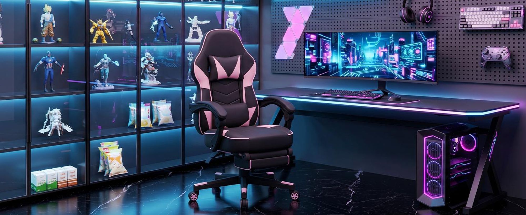 Puluomis Gaming Stuhl mit Massage und Fußstütze 150kg, Bürostuhl Ergonomisch Chefsessel Schreibtischstuhl Racing Stuhl Computerstuhl Rosa Pink Schwarz