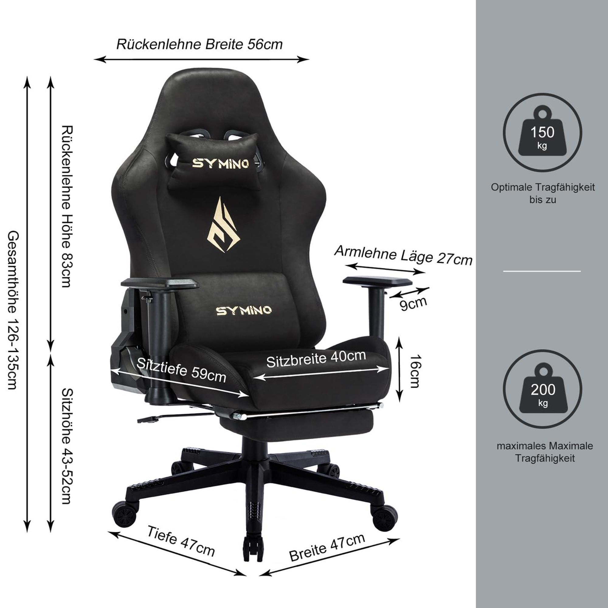 Gaming-Stuhl mit Maßangaben und Belastungswerten