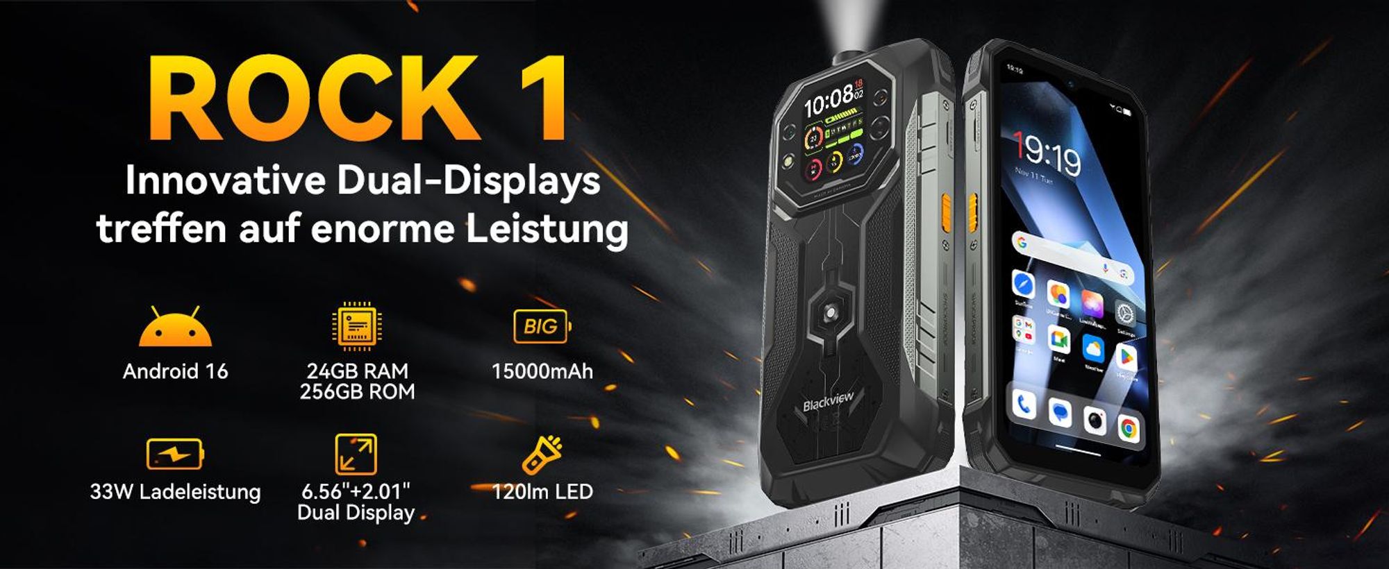 Blackview ROCK 1 Militärisches Outdoor-Smartphone mit Dual-Display Smartphone Android 16, Helio G81, 15000mHA, 33W Schnellladung, Face ID