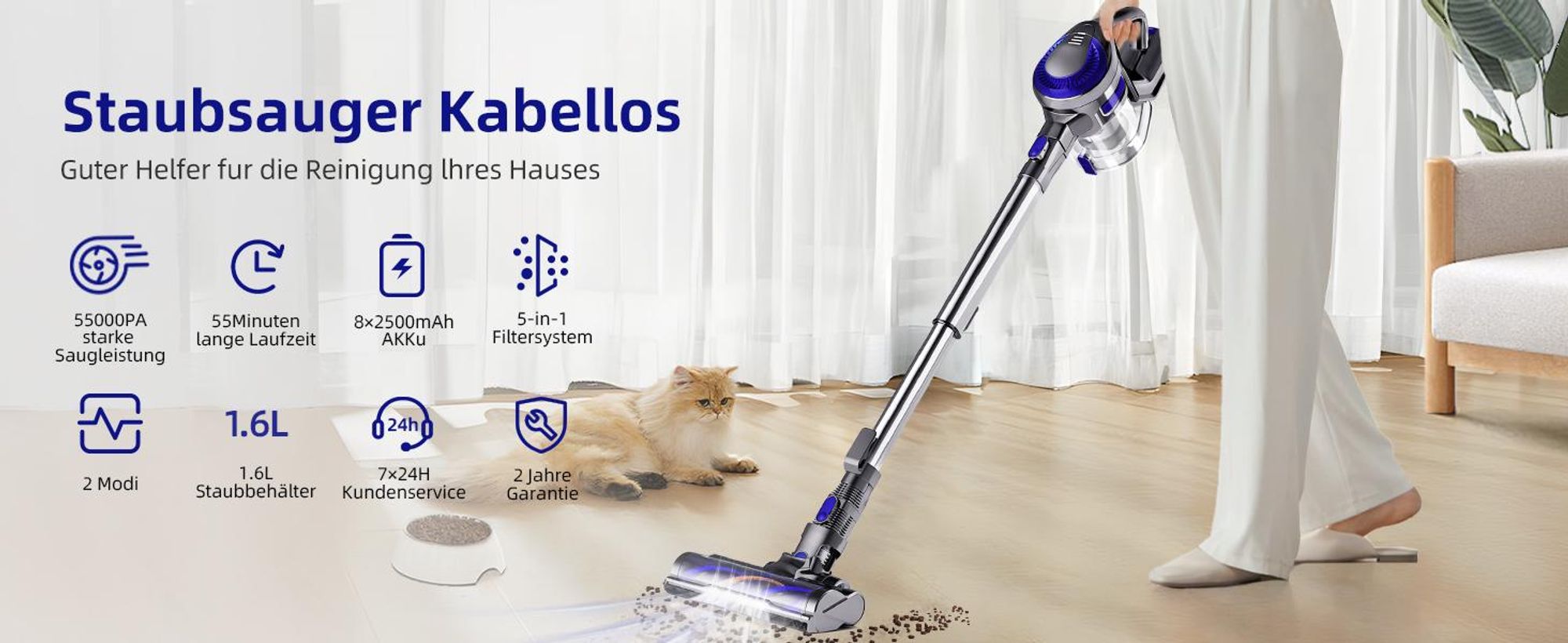 55000PA Akku Staubsauger, Staubsauger Kabellos,Kabelloser Staubsauger,8 in1 Akkustaubsauger Bürstenloser Motor bis zu 55min,für tierhaare,500W,4HEPA
