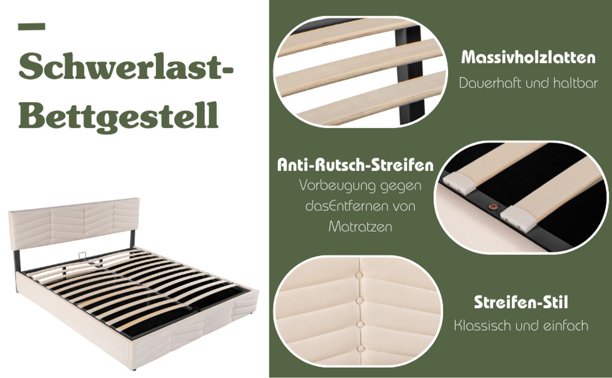 okwish Polsterbett Stauraumbett 140×200 cm mit Bettkasten, Doppelbett mit Lattenrost und höhenverstellbarem Kopfteil, Samt Beige,Ohne Matratze
