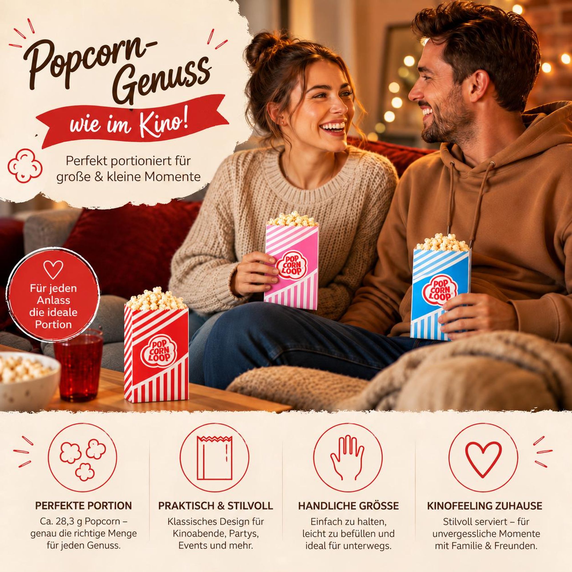 Popcornloop 100 er Popcorntüten Popcorn Box Tüten Candy Bar Tüte Hochzeit Papier Süßigkeiten Boxen für Party Papier Behälter Rot Weiß Beige Gestreift