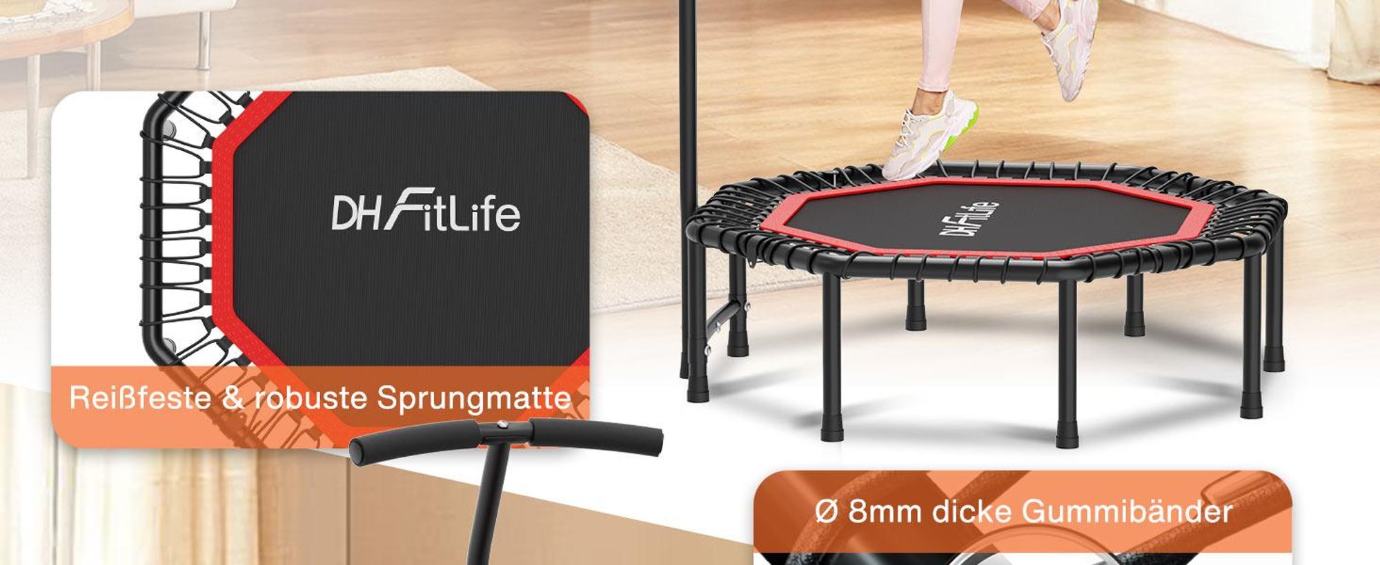 DH FitLife Klappbares Fitness Trampolin Ø121cm, 48 Zoll Mini-Trampolin für Kinder & Erwachsene, 150kg belastbar, mit stabilem, verstellbarem Handgriff