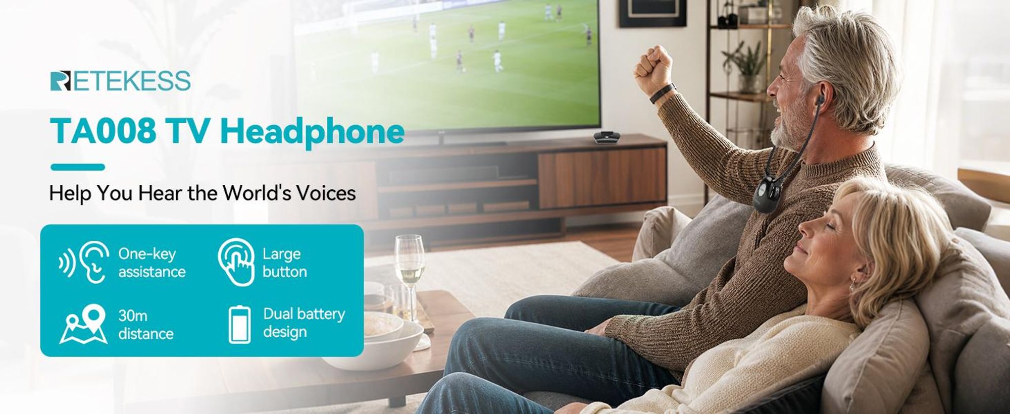 Retekess TA008 TV Kopfhörer, In-Ear mit Hörunterstützung, 2,4 GHz niedrige Latenz, unabhängige Lautstärkeregelung für LR, Funkkopfhörer für Senioren