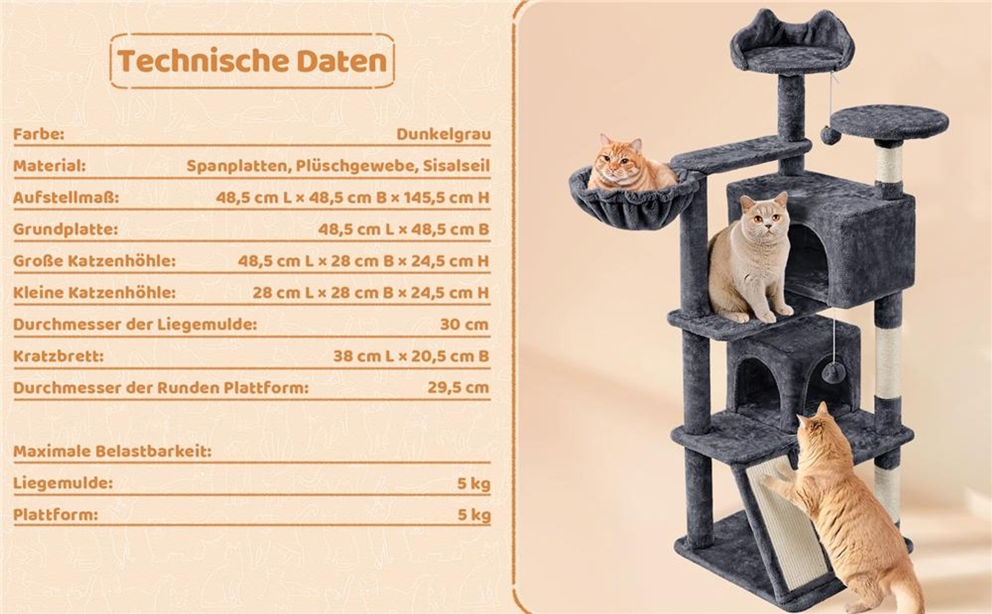 Yaheetech Kratzbaum 146 cm Katzenbaum mit 2 Katzenhöhlen & 3 Aussichtsplattformen, Schwarz