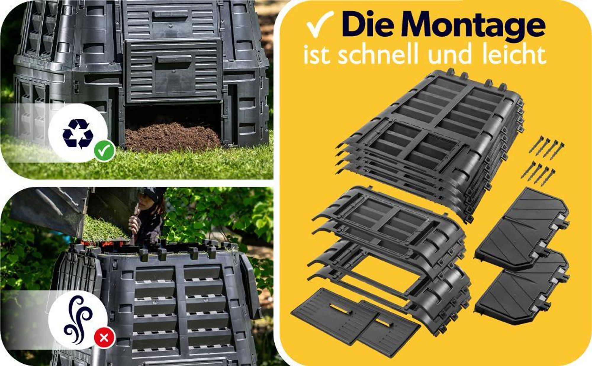 KADAX Komposter aus Kunststoff "Boko", witterungsbeständiger mit Deckel, Schwarz, 740L