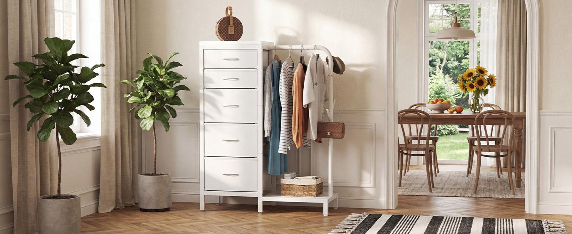 Standgarderobe Garderobenständer Kleiderständer Garderobe mit 5 Stoff Schubladen, Kommodeschrank mit Kleiderstange