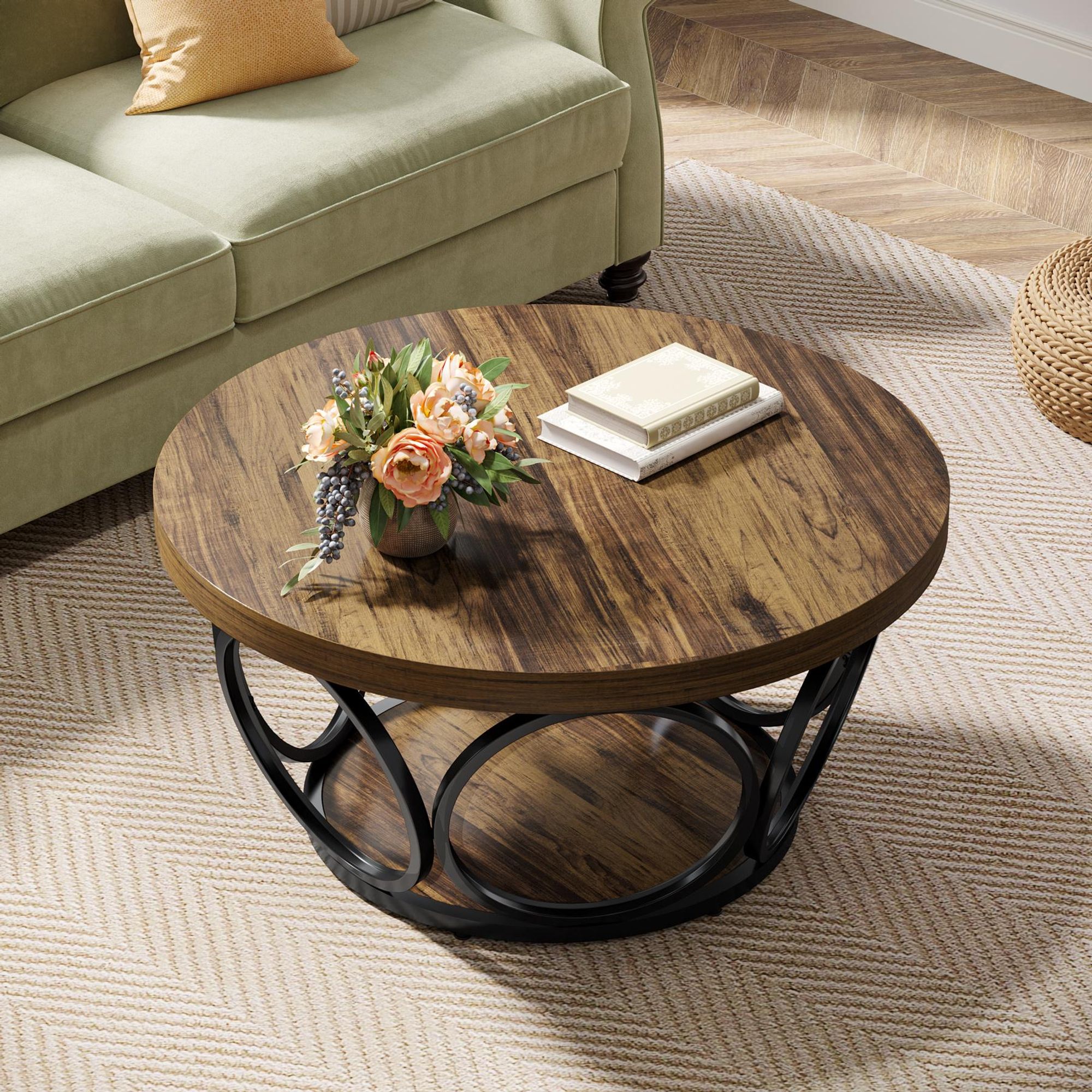 Tribesigns Runder Couchtisch, 80 cm Runder Holztisch, Bauernhaus Runde wohnzimmertisch mit 2-Ebenen Lagerung, Moderne Einfache Braune Teetisch