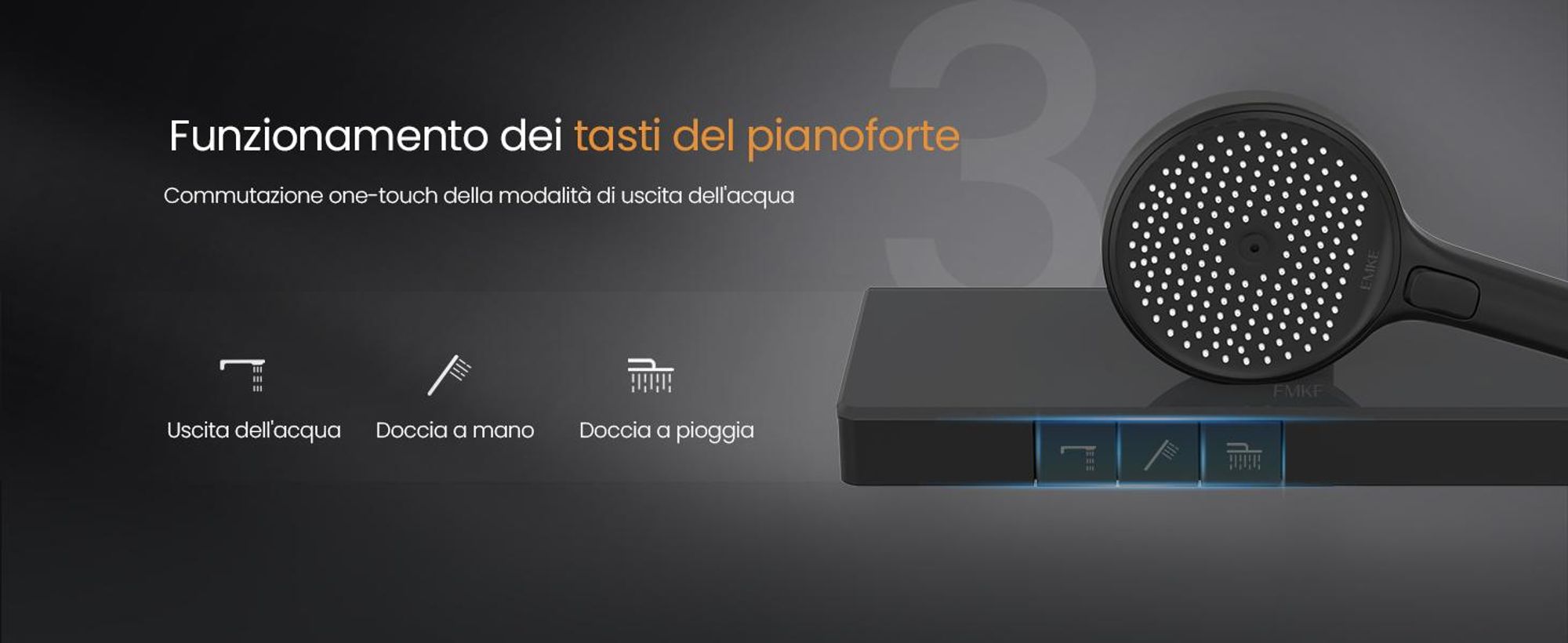 Sistema doccia EMKE® con termostatico doccia a pioggia rotonda con ripiano in vetro da 40 cm, rubinetteria per vasca e doccia, doccetta 3 modalità di getto + bocca inferiore nera F22