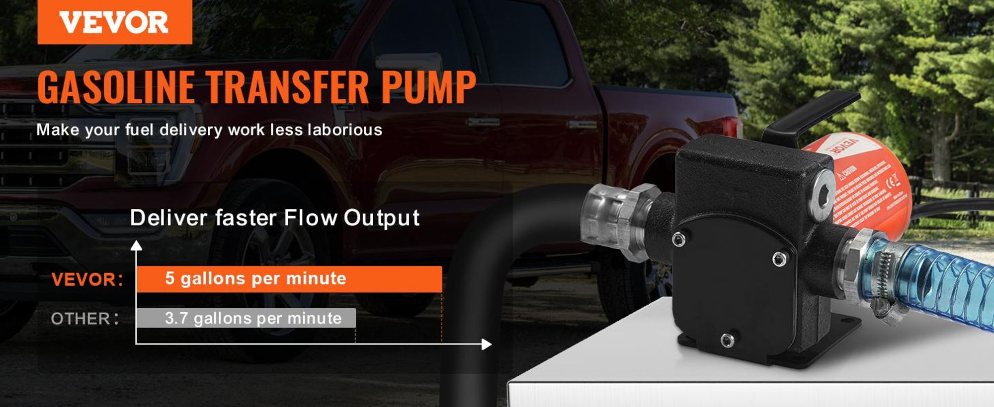 VEVOR Diesel-Transferpumpe, 12 V DC, 5,3 GPM, 1/10 PS, mit automatischer Abschaltdüse und verlängerten Schläuchen für Benzin-, Diesel-, Kerosin- und Methanolmischungen, tragbar und elektrisch