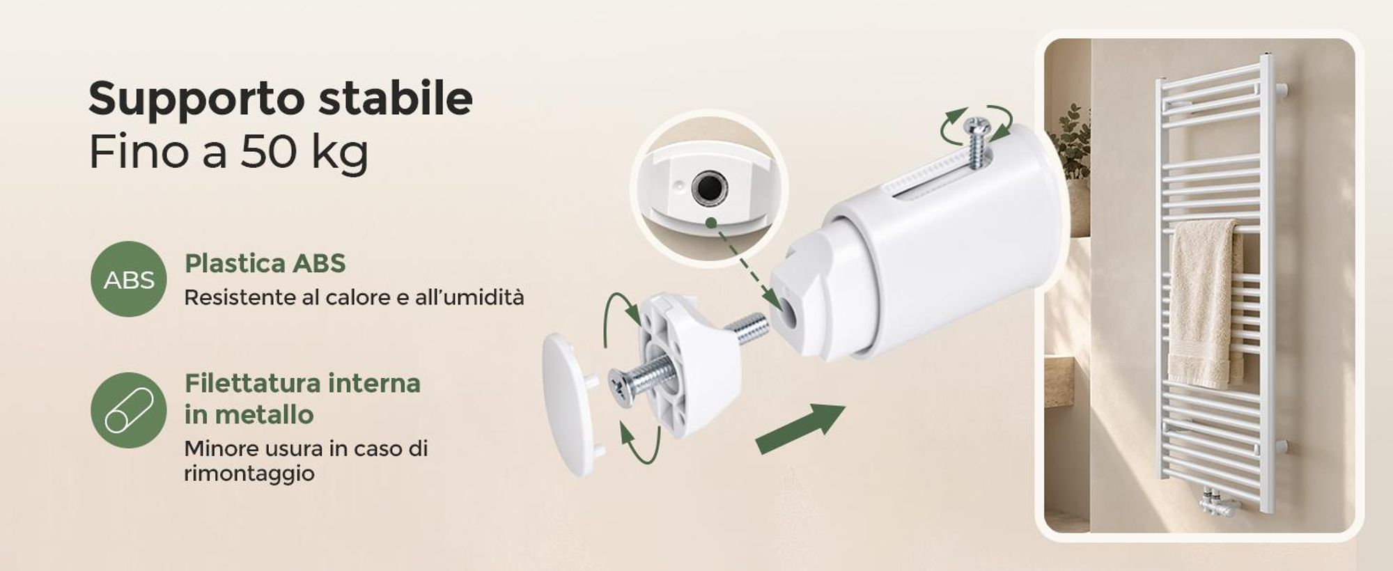 Supporti per scaldasalviette, set da 4, bianchi, per tubi tondi dritti Ø22–25 mm, Interasse 40–45 mm, regolazione 20 mm, portata totale fino, 1 pezzo